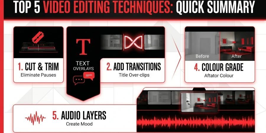 Top 5 Video Editing Techniques Quick Summary, featuring five numbered panels with icons summarizing Cut & Trim, Add Transitions, Text Overlays, Colour Grade, and Audio Layers.